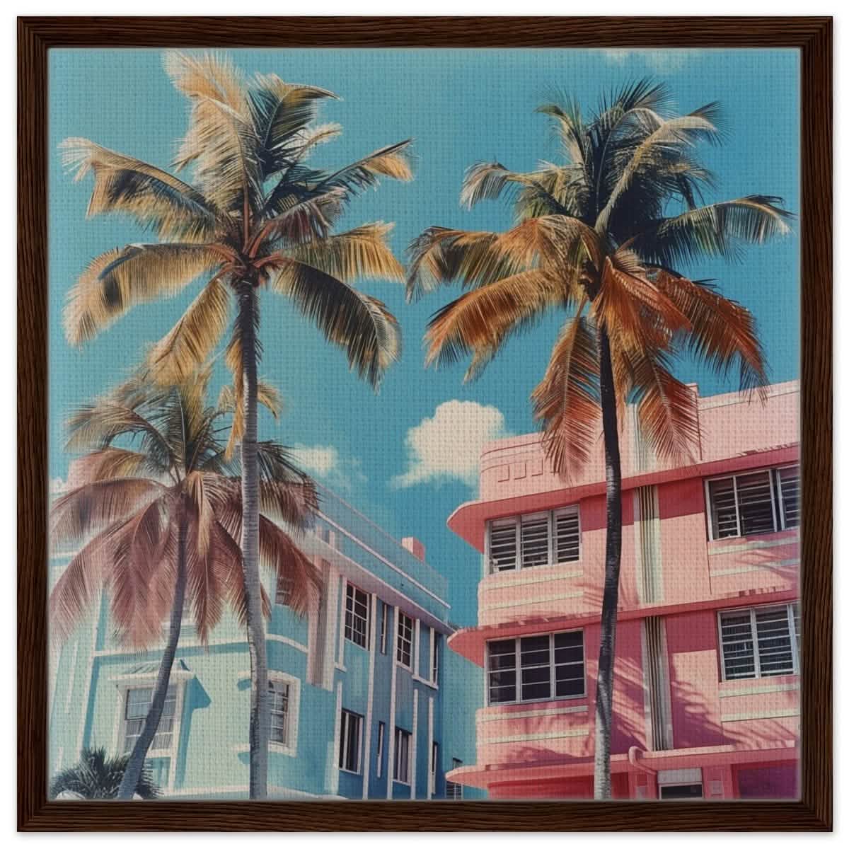 Miami Modernist Charm | Modern Urban Tropical Art - Framed Canvas - 60x60 cm / 24x24″ - Dark wood frame