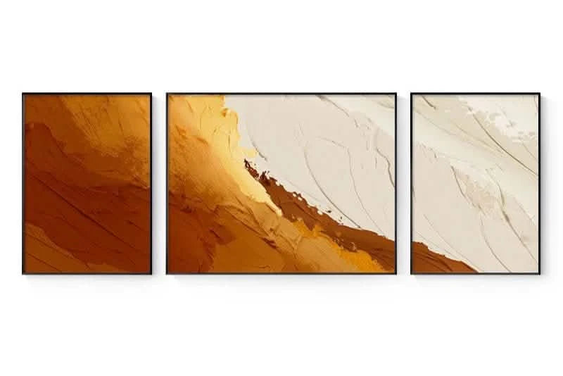 Minimalist Abstract Floated Framed Canvas Print – Trio Set for Grand & Luxurious Living Spaces (Copy) - 60x40 - 60x90 - 60x40 CM (16x24" - 24x36" - 16x24") - Orange - Floating Black Frame -