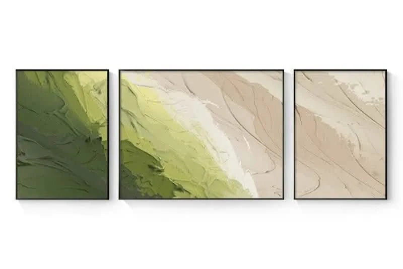 Minimalist Abstract Floated Framed Canvas Print – Trio Set for Grand & Luxurious Living Spaces (Copy) - 60x40 - 60x90 - 60x40 CM (16x24" - 24x36" - 16x24") - Green - Floating Black Frame -