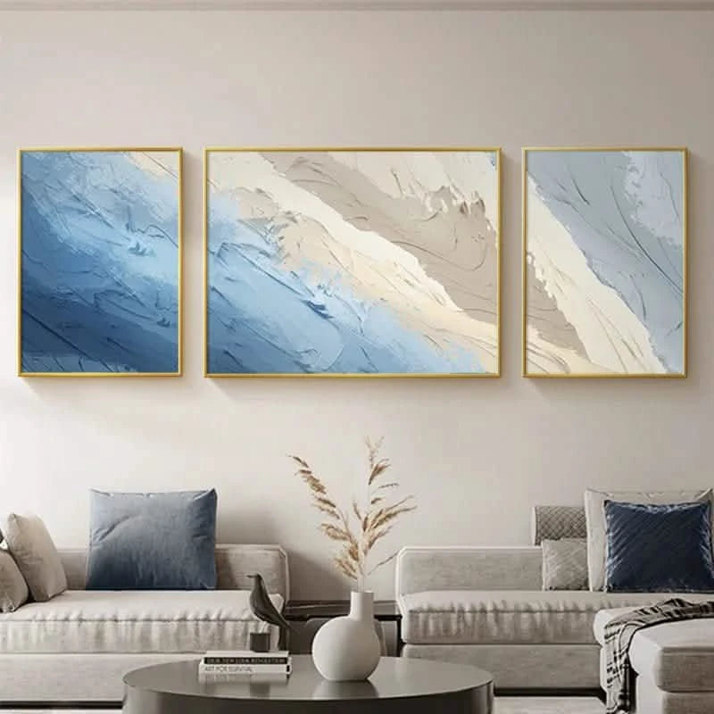 Minimalist Abstract Floated Framed Canvas Print – Trio Set for Grand & Luxurious Living Spaces (Copy) - 60x40 - 60x90 - 60x40 CM (16x24" - 24x36" - 16x24") - Sky Blue - Floating Black Frame -