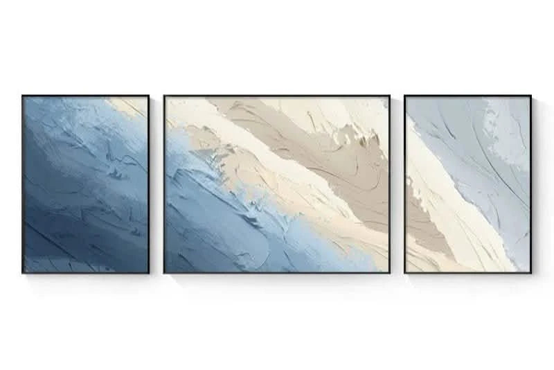 Minimalist Abstract Floated Framed Canvas Print – Trio Set for Grand & Luxurious Living Spaces (Copy) - 60x40 - 60x90 - 60x40 CM (16x24" - 24x36" - 16x24") - Sky Blue - Floating Black Frame -