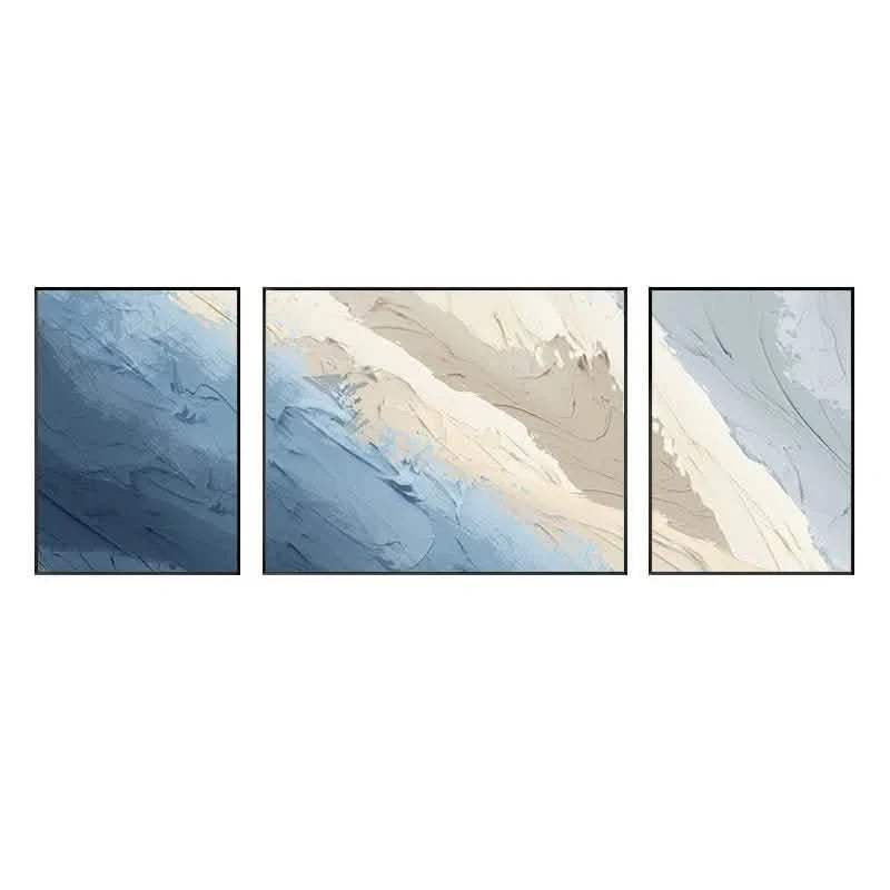 Minimalist Abstract Floated Framed Canvas Print – Trio Set for Grand & Luxurious Living Spaces (Copy) - 60x40 - 60x90 - 60x40 CM (16x24" - 24x36" - 16x24") - Sky Blue - Floating Black Frame -
