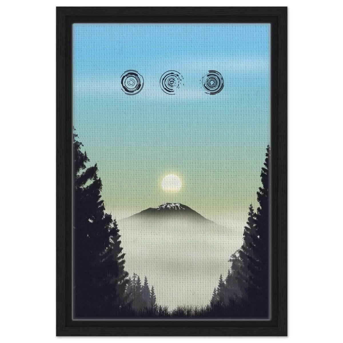 Misty Mountain Awakening | Contemporary Nature Illustration | wall art print - Framed Canvas - 30x45 cm / 12x18″ - Black frame