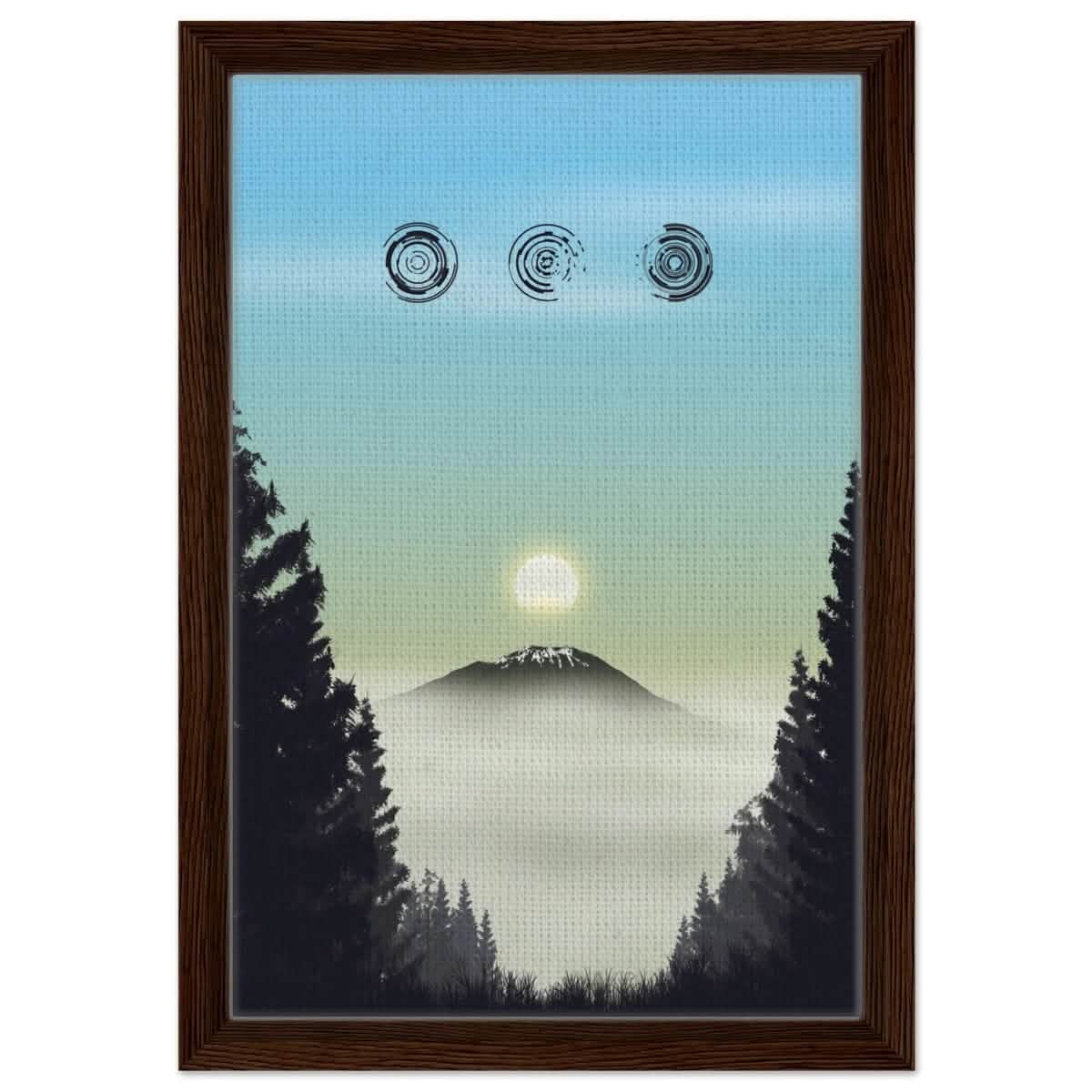 Misty Mountain Awakening | Contemporary Nature Illustration | wall art print - Framed Canvas - 30x45 cm / 12x18″ - Dark wood frame