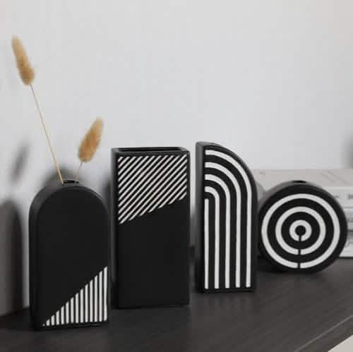 Modern Black and White Striped Ceramic Vase – Geometric Decorative Flower Vase - Rectangular Stripe Vase -
