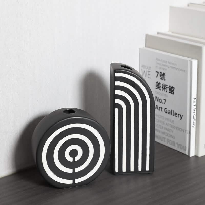 Modern Black and White Striped Ceramic Vase – Geometric Decorative Flower Vase - Rectangular Stripe Vase -