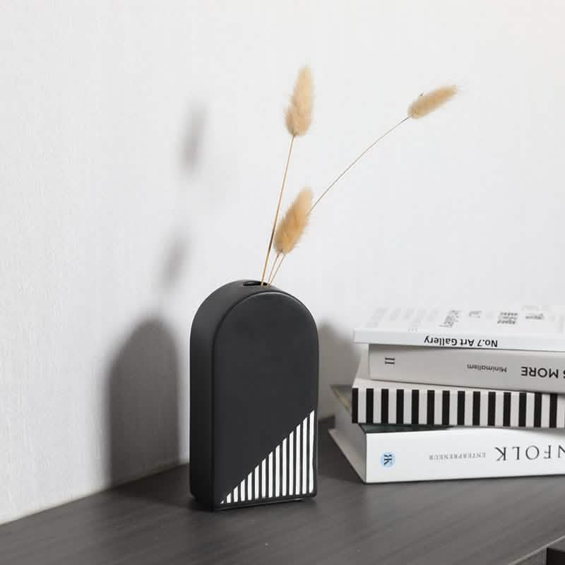 Modern Black and White Striped Ceramic Vase – Geometric Decorative Flower Vase - Rectangular Stripe Vase -