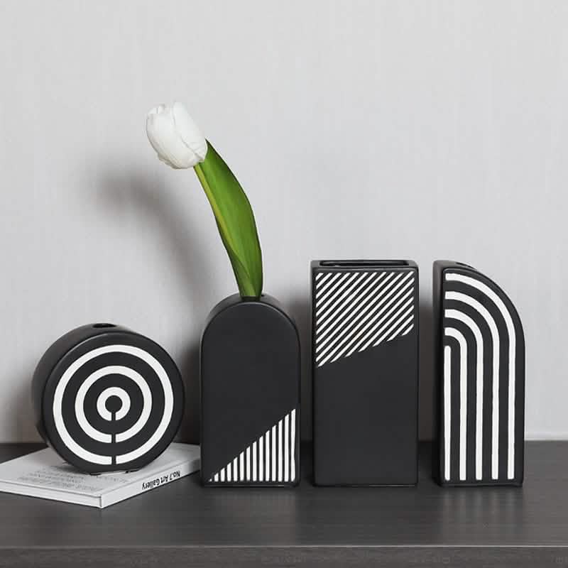 Modern Black and White Striped Ceramic Vase – Geometric Decorative Flower Vase - Rectangular Stripe Vase -