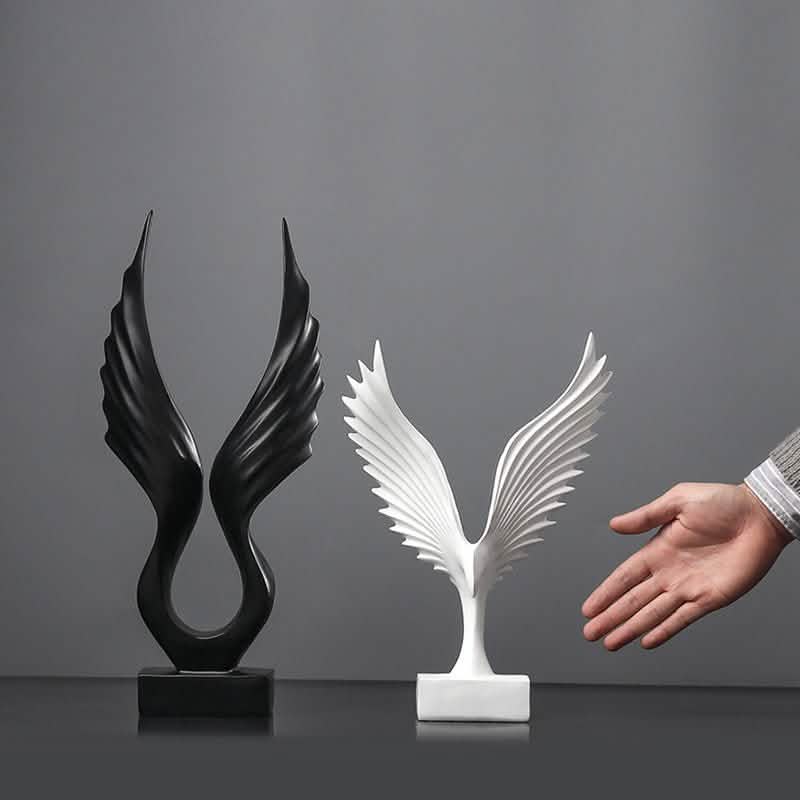 Modern Resin Angel Wing Sculptures – Elegant Home Décor Ornaments - Black Angel Wing Sculpture (Uplifted Design) -