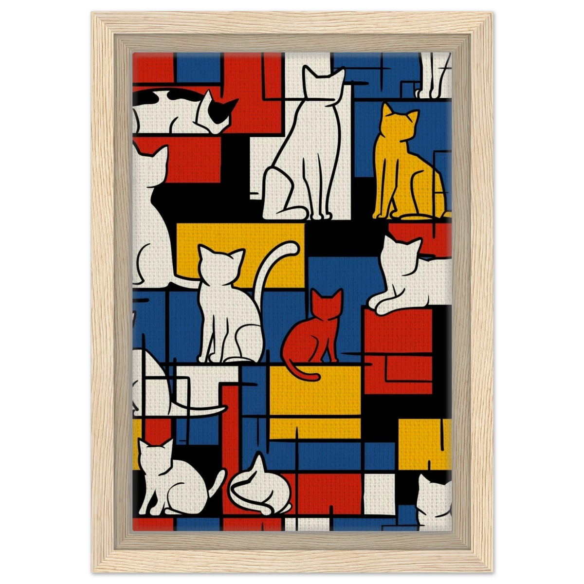 MondriCats – A Purrfect Balance | Wall art print - Framed Canvas - 20x30 cm / 8x12″ - Wood frame