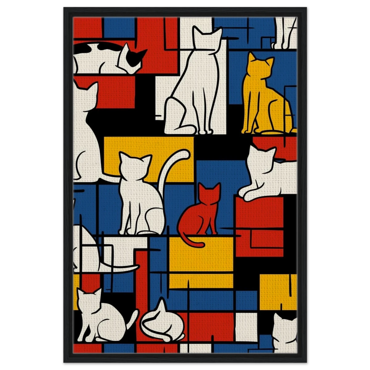 MondriCats – A Purrfect Balance | Wall art print - Framed Canvas - 60x90 cm / 24x36″ - Black frame