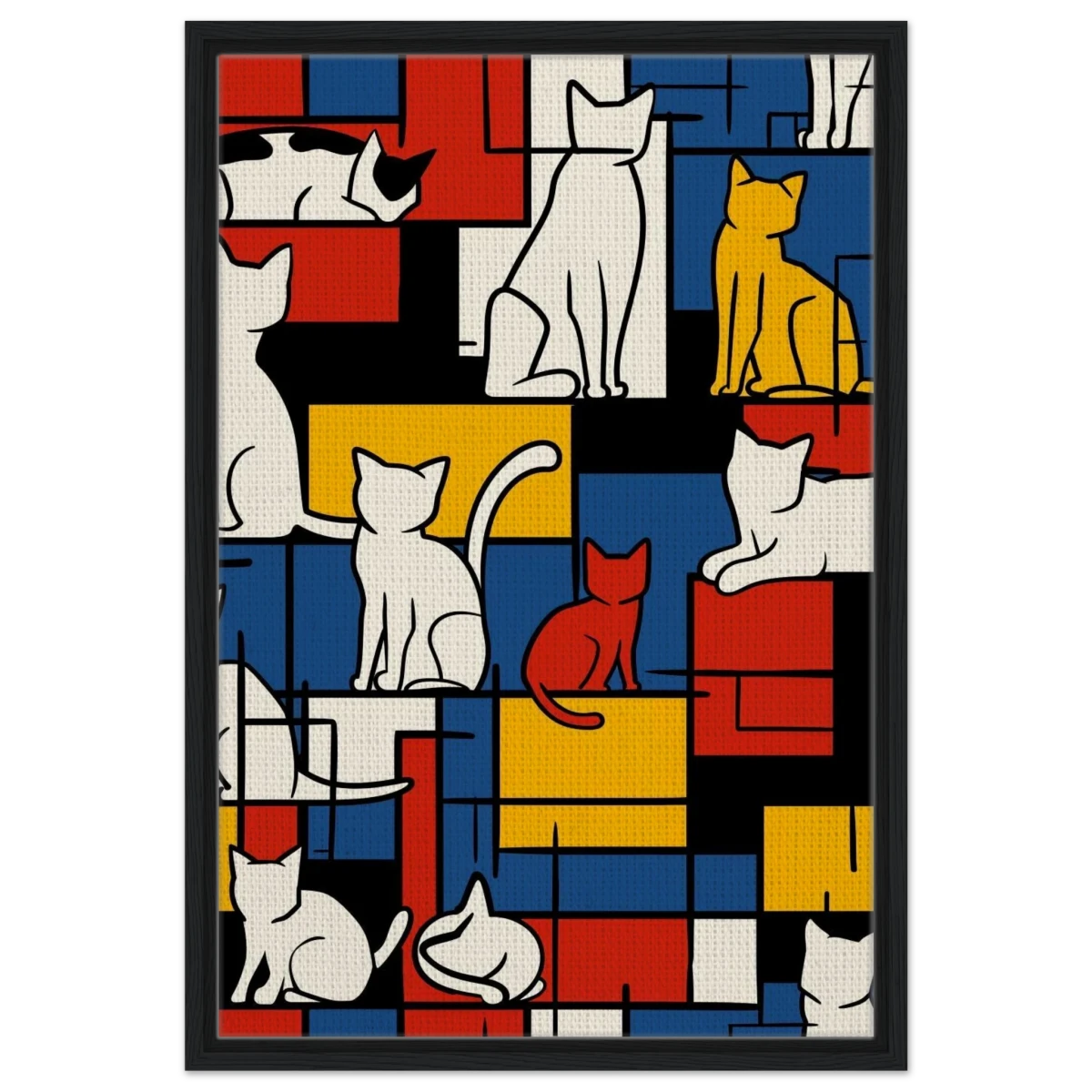 MondriCats – A Purrfect Balance | Wall art print - Framed Canvas - 50x75 cm / 20x30″ - Black frame