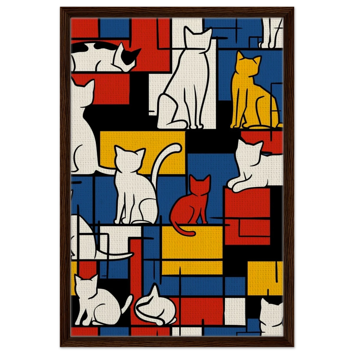 MondriCats – A Purrfect Balance | Wall art print - Framed Canvas - 50x75 cm / 20x30″ - Dark wood frame
