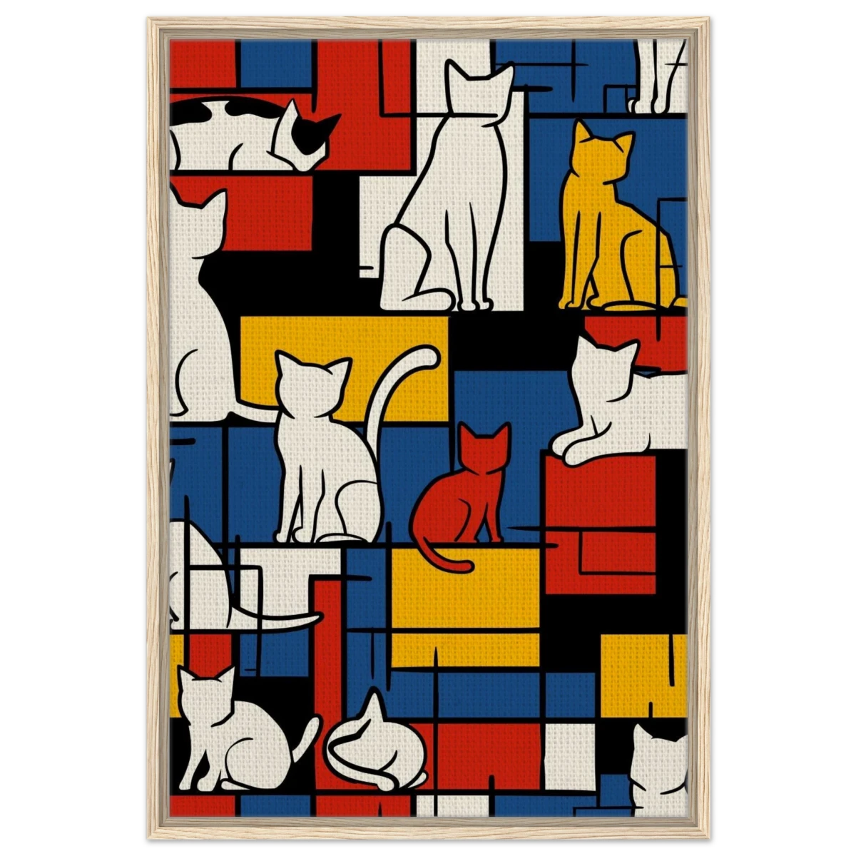 MondriCats – A Purrfect Balance | Wall art print - Framed Canvas - 60x90 cm / 24x36″ - Wood frame