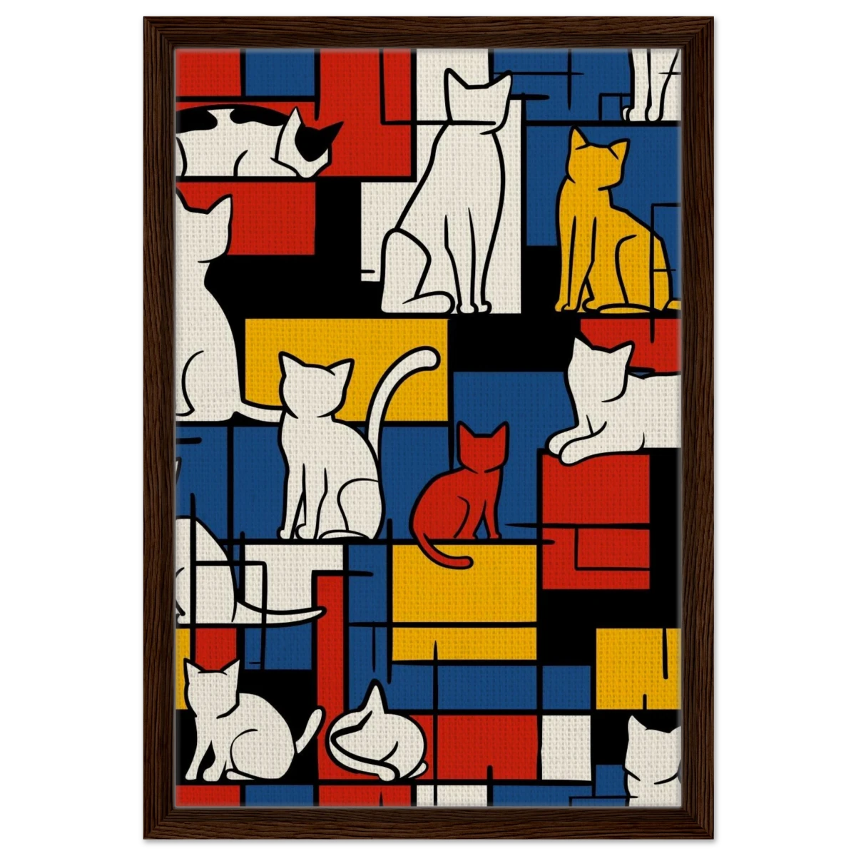 MondriCats – A Purrfect Balance | Wall art print - Framed Canvas - 40x60 cm / 16x24″ - Dark wood frame