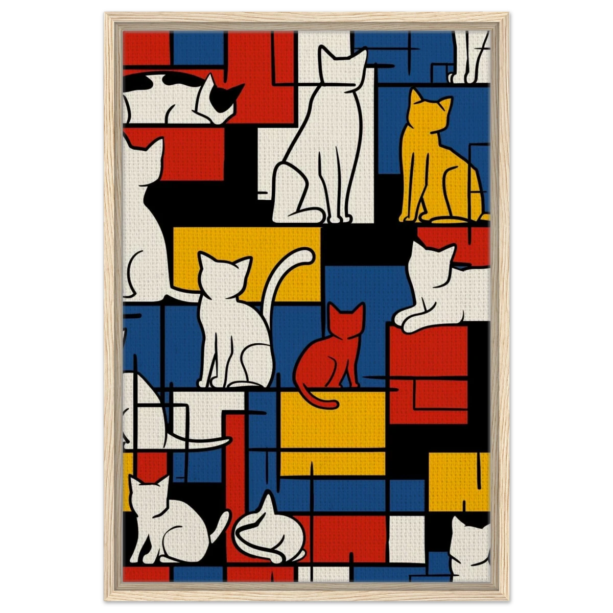 MondriCats – A Purrfect Balance | Wall art print - Framed Canvas - 50x75 cm / 20x30″ - Wood frame