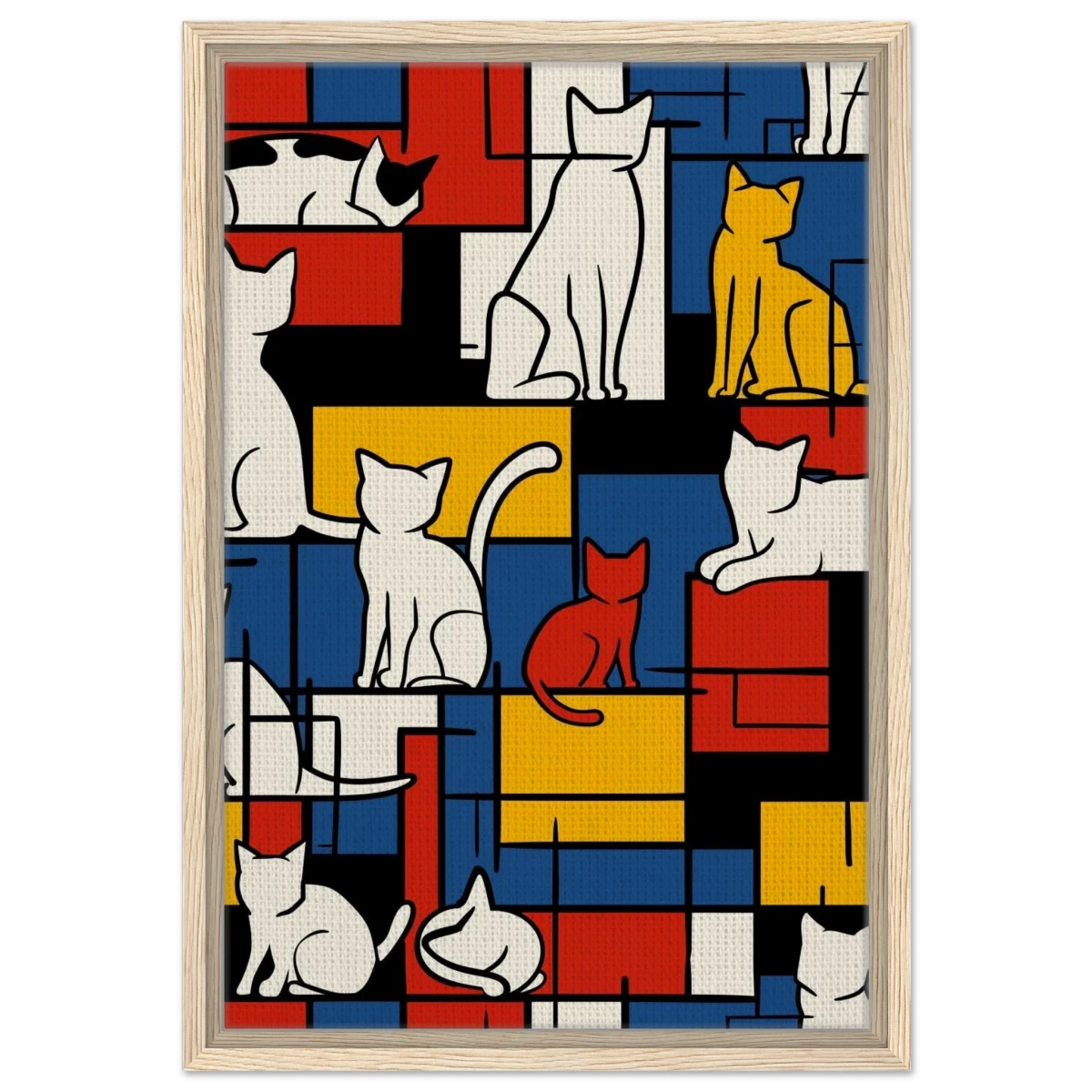 MondriCats – A Purrfect Balance | Wall art print - Framed Canvas - 40x60 cm / 16x24″ - Wood frame
