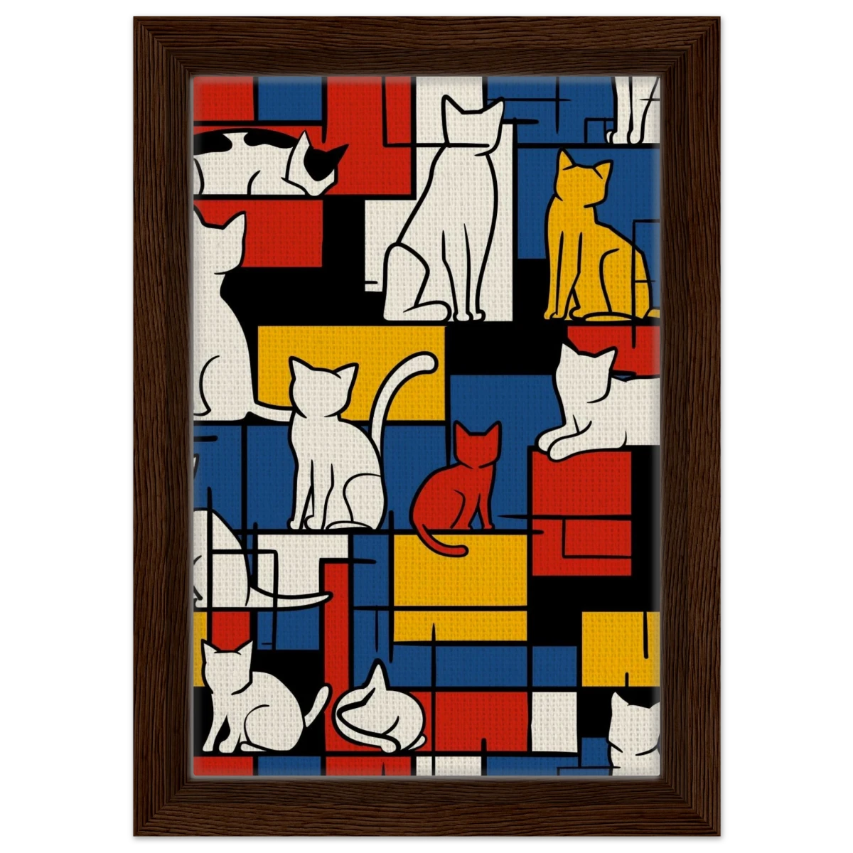 MondriCats – A Purrfect Balance | Wall art print - Framed Canvas - 20x30 cm / 8x12″ - Dark wood frame