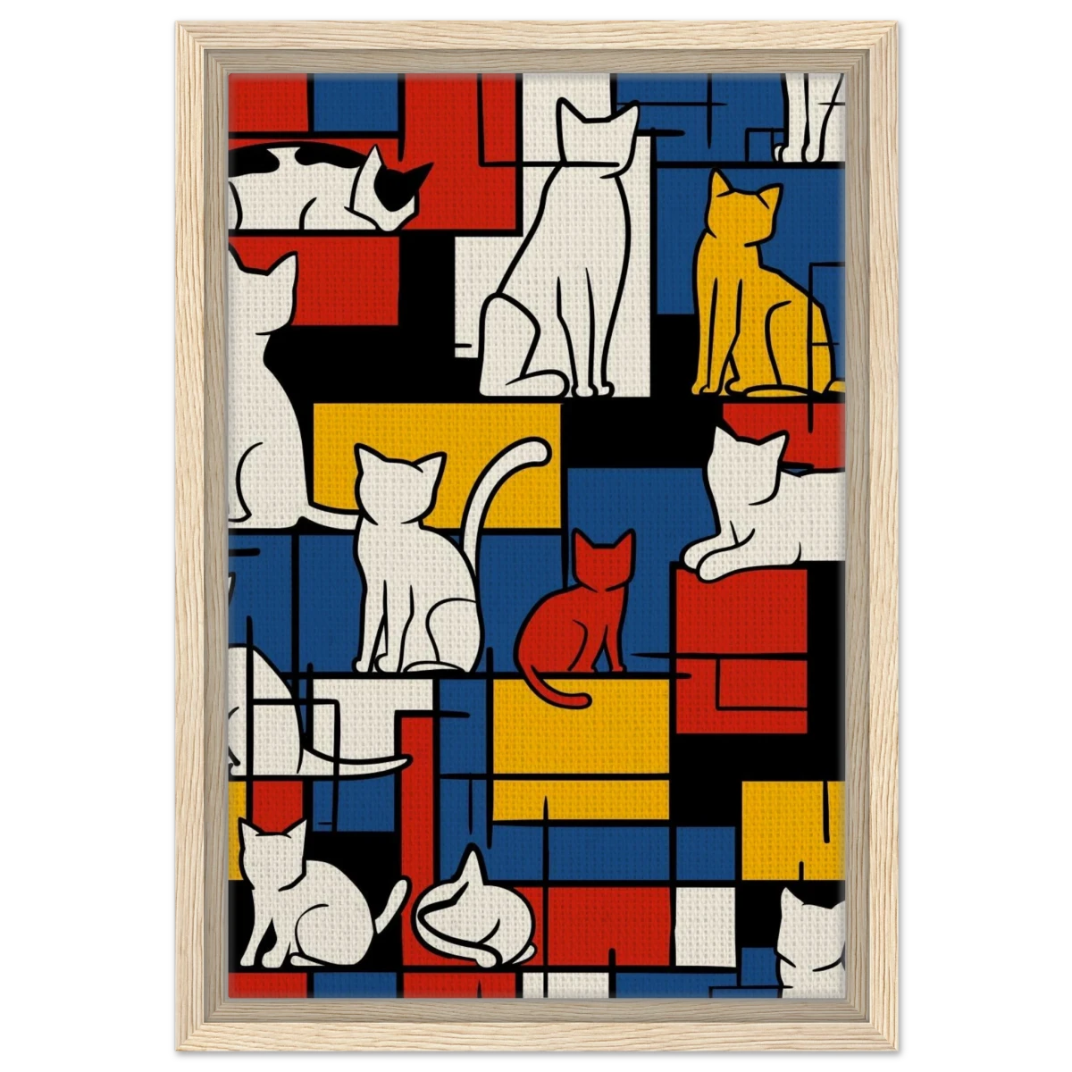 MondriCats – A Purrfect Balance | Wall art print - Framed Canvas - 30x45 cm / 12x18″ - Wood frame