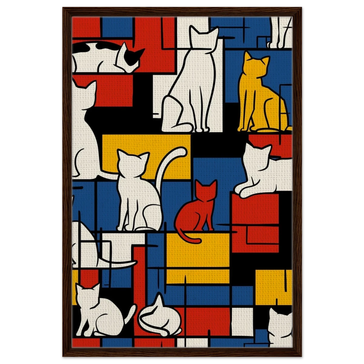 MondriCats – A Purrfect Balance | Wall art print - Framed Canvas - 60x90 cm / 24x36″ - Dark wood frame