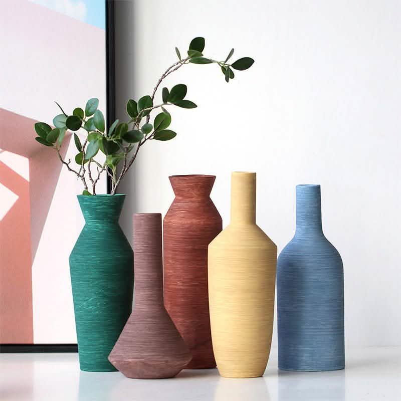 Morandi Brushed Ceramic Vase – Nordic Minimalist Hand - Painted Décor - A -