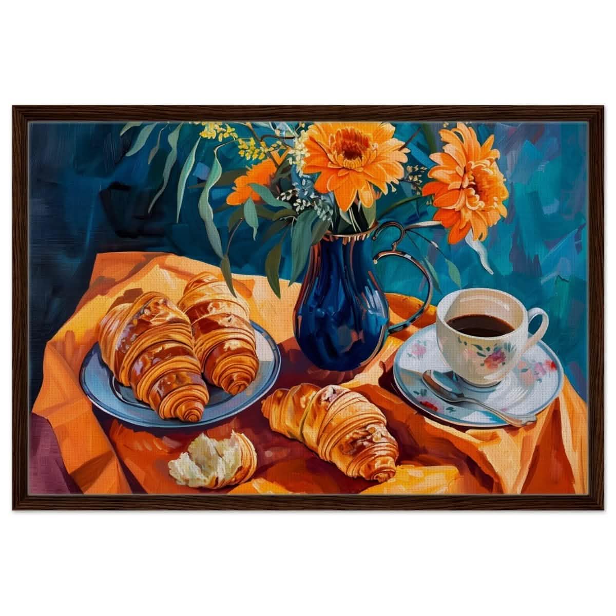 Morning Elegance: Croissants and Coffee | Still Life Contemporary Impressionism | wall art print - Framed Canvas - 60x90 cm / 24x36″ - Dark wood frame
