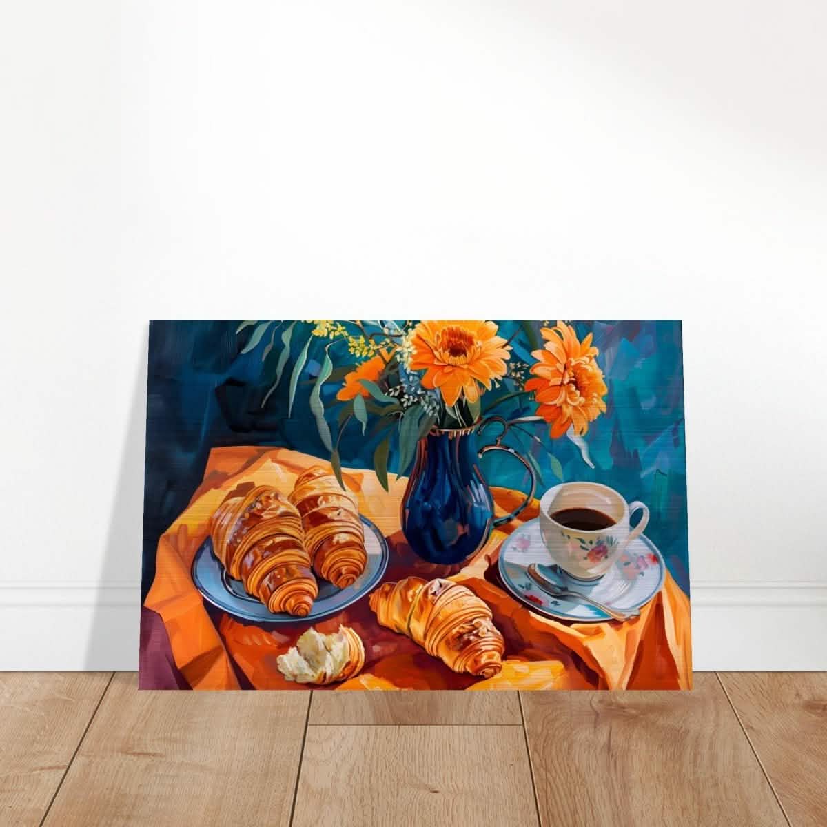 Morning Elegance: Croissants and Coffee | Still Life Contemporary Impressionism | wall art print - Brushed Aluminum Print - 50x75 cm / 20x30″ -