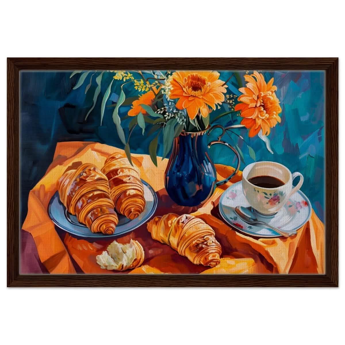 Morning Elegance: Croissants and Coffee | Still Life Contemporary Impressionism | wall art print - Framed Canvas - 40x60 cm / 16x24″ - Dark wood frame