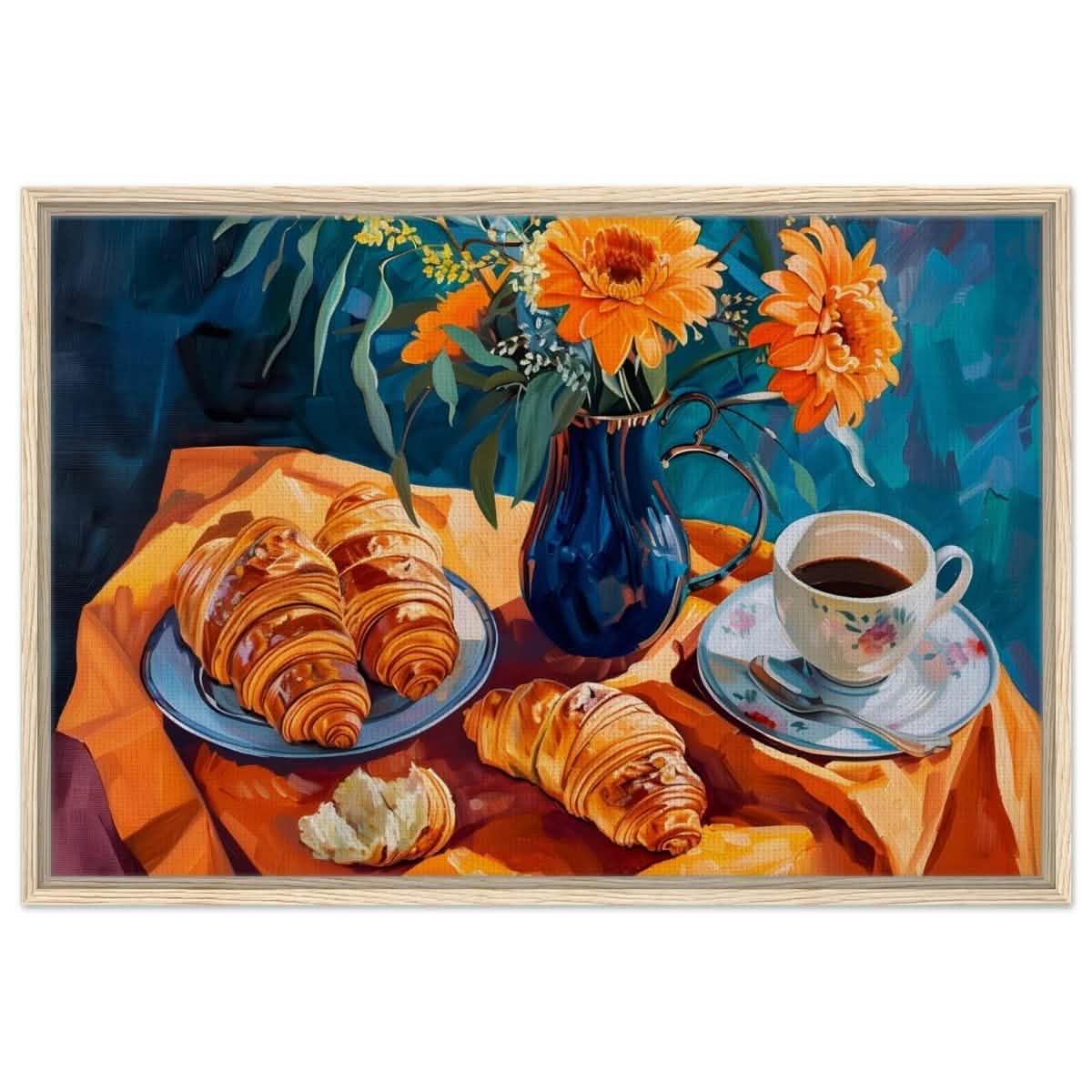 Morning Elegance: Croissants and Coffee | Still Life Contemporary Impressionism | wall art print - Framed Canvas - 60x90 cm / 24x36″ - Wood frame
