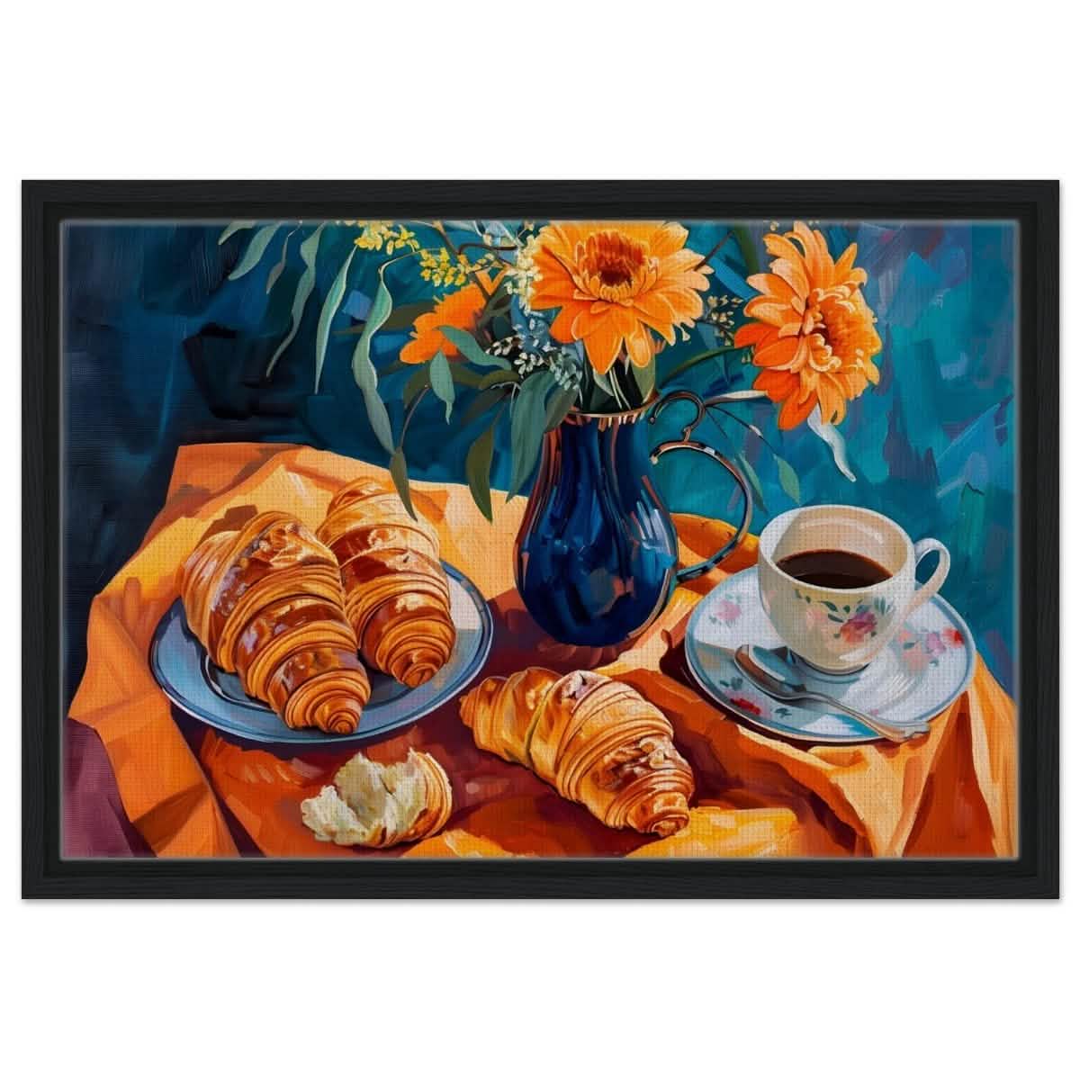 Morning Elegance: Croissants and Coffee | Still Life Contemporary Impressionism | wall art print - Framed Canvas - 40x60 cm / 16x24″ - Black frame
