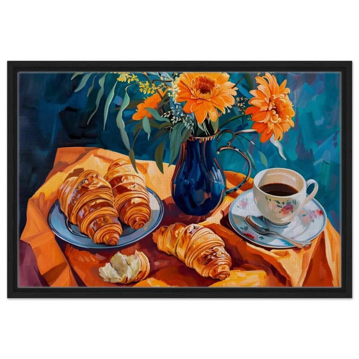 Morning Elegance: Croissants and Coffee | Still Life Contemporary Impressionism | wall art print - Framed Canvas - 50x75 cm / 20x30″ - Black frame