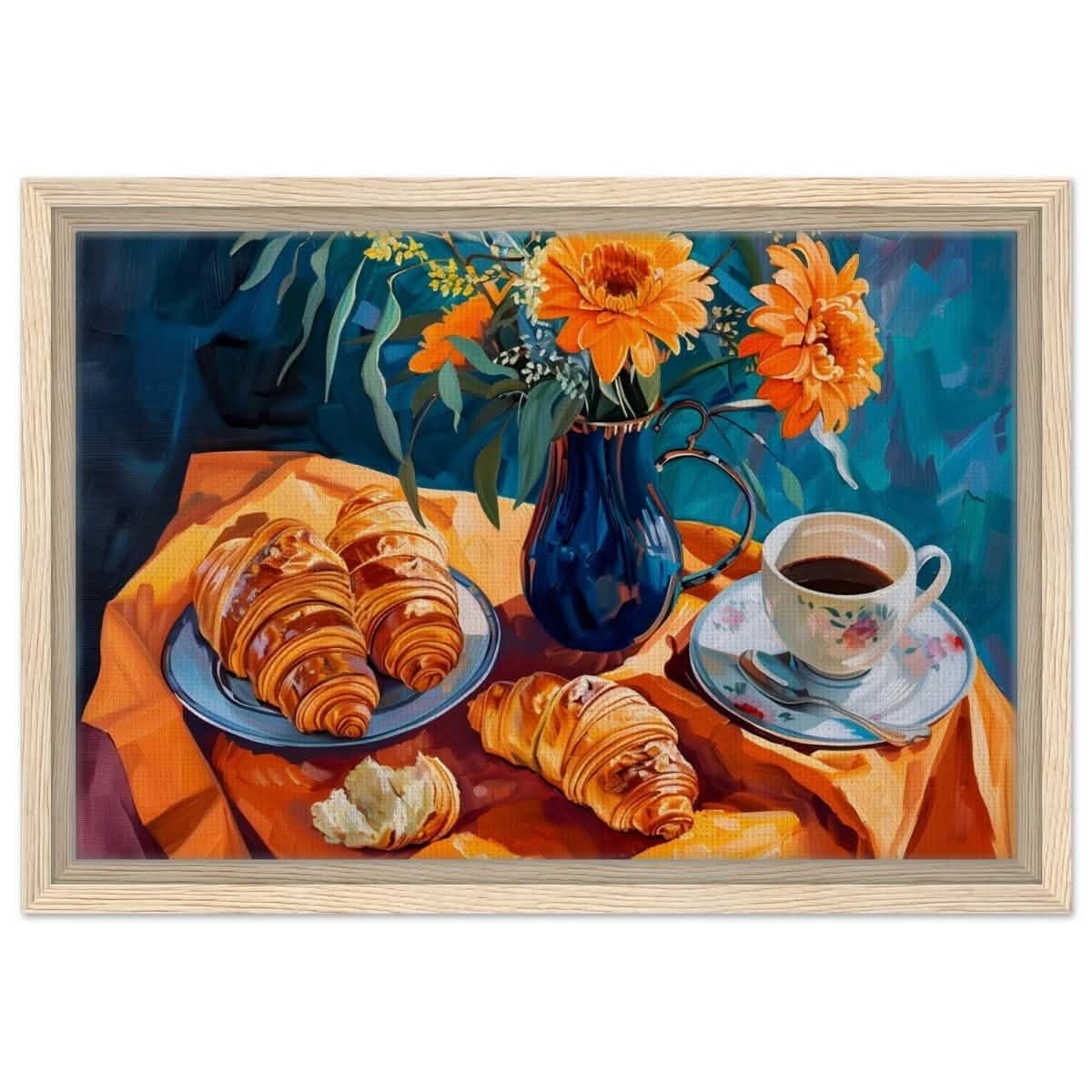 Morning Elegance: Croissants and Coffee | Still Life Contemporary Impressionism | wall art print - Framed Canvas - 30x45 cm / 12x18″ - Wood frame