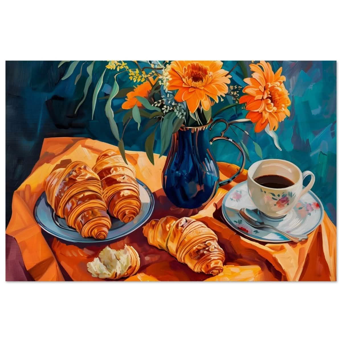 Morning Elegance: Croissants and Coffee | Still Life Contemporary Impressionism | wall art print - Wood Prints - 30x45 cm / 12x18″ -