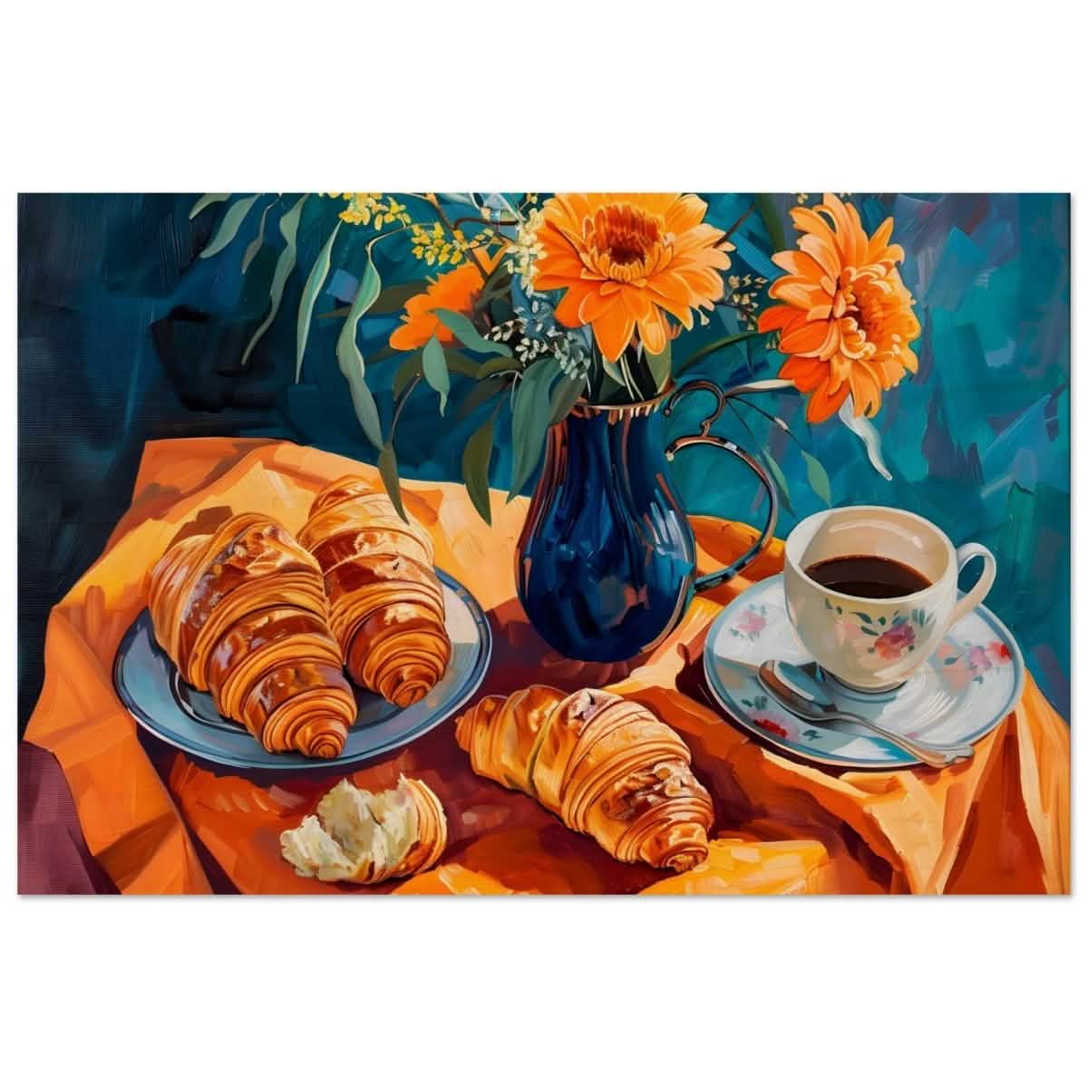 Morning Elegance: Croissants and Coffee | Still Life Contemporary Impressionism | wall art print - Wood Prints - 60x90 cm / 24x36″ -