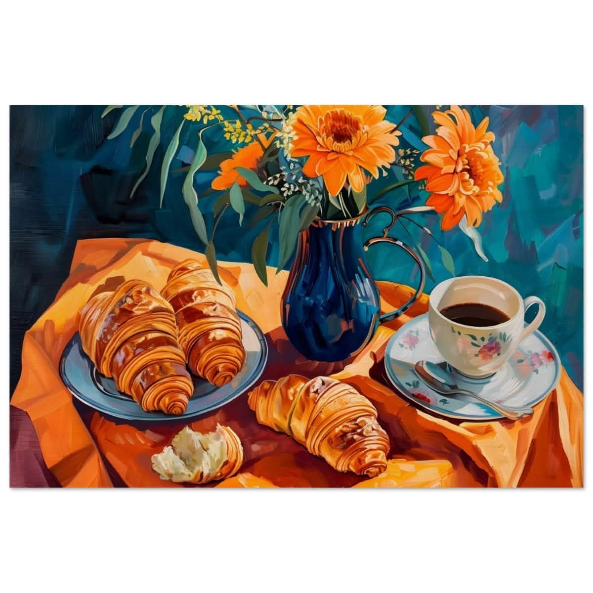 Morning Elegance: Croissants and Coffee | Still Life Contemporary Impressionism | wall art print - Wood Prints - 40x60 cm / 16x24″ -