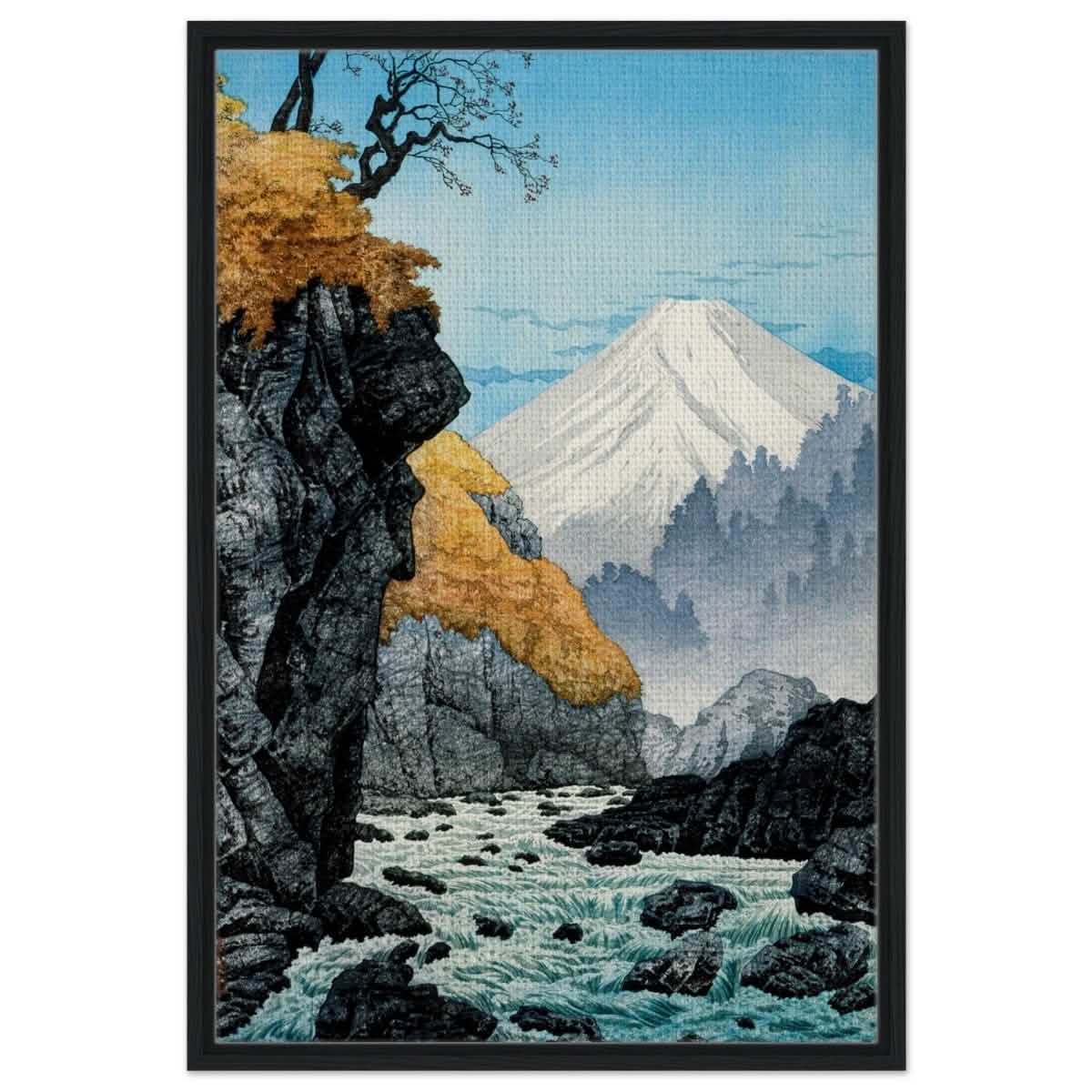 Mountainscape Harmony | Traditional Japanese Landscape Art - Framed Canvas - 60x90 cm / 24x36″ - Black frame