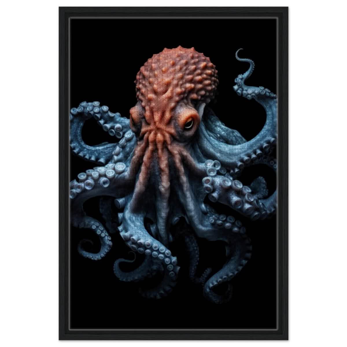 Mystic Tides: The Octopus of Blue and Crimson | wall art print | Animal Kingdom collection - Framed Canvas - 50x75 cm / 20x30″ - Black frame