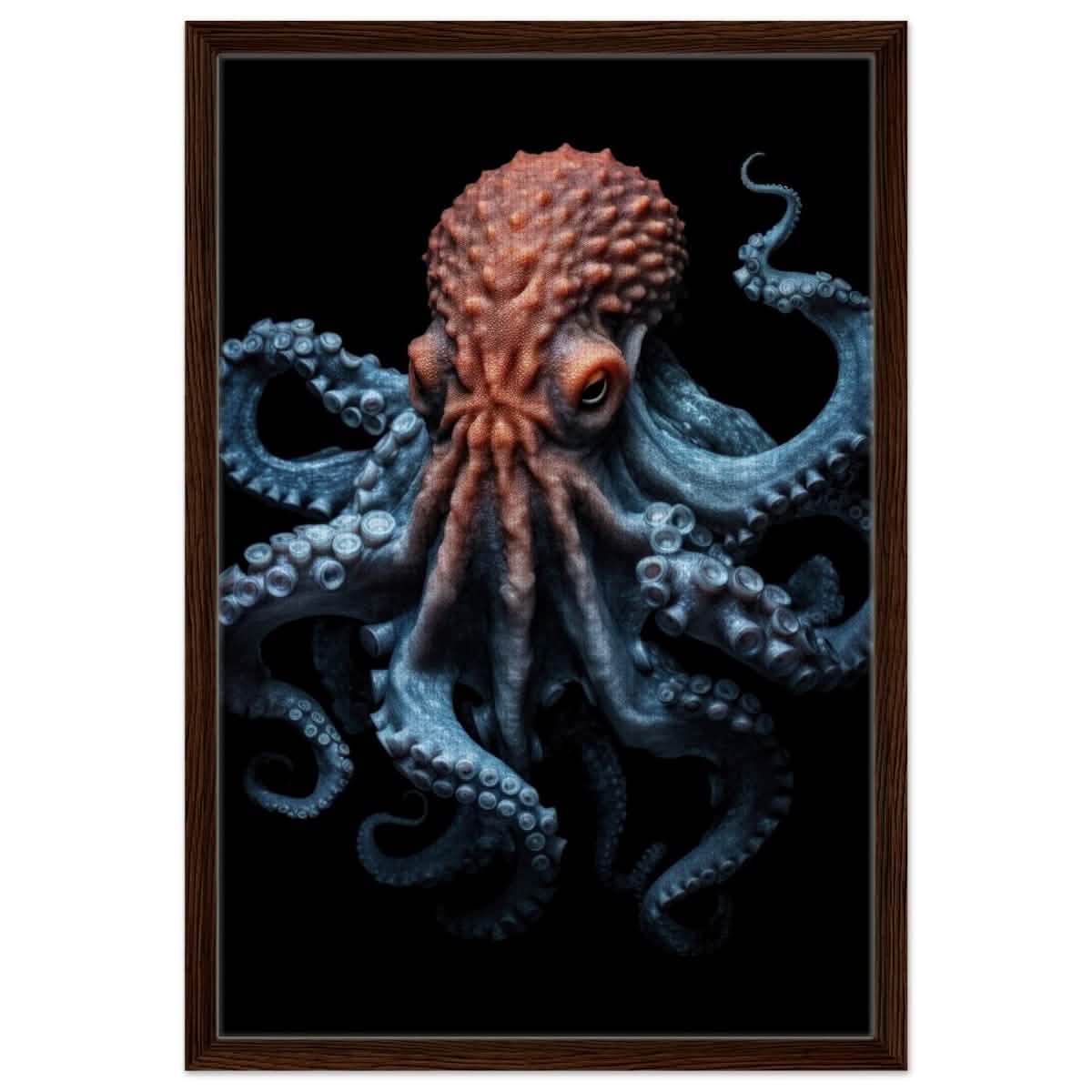 Mystic Tides: The Octopus of Blue and Crimson | wall art print | Animal Kingdom collection - Framed Canvas - 50x75 cm / 20x30″ - Dark wood frame
