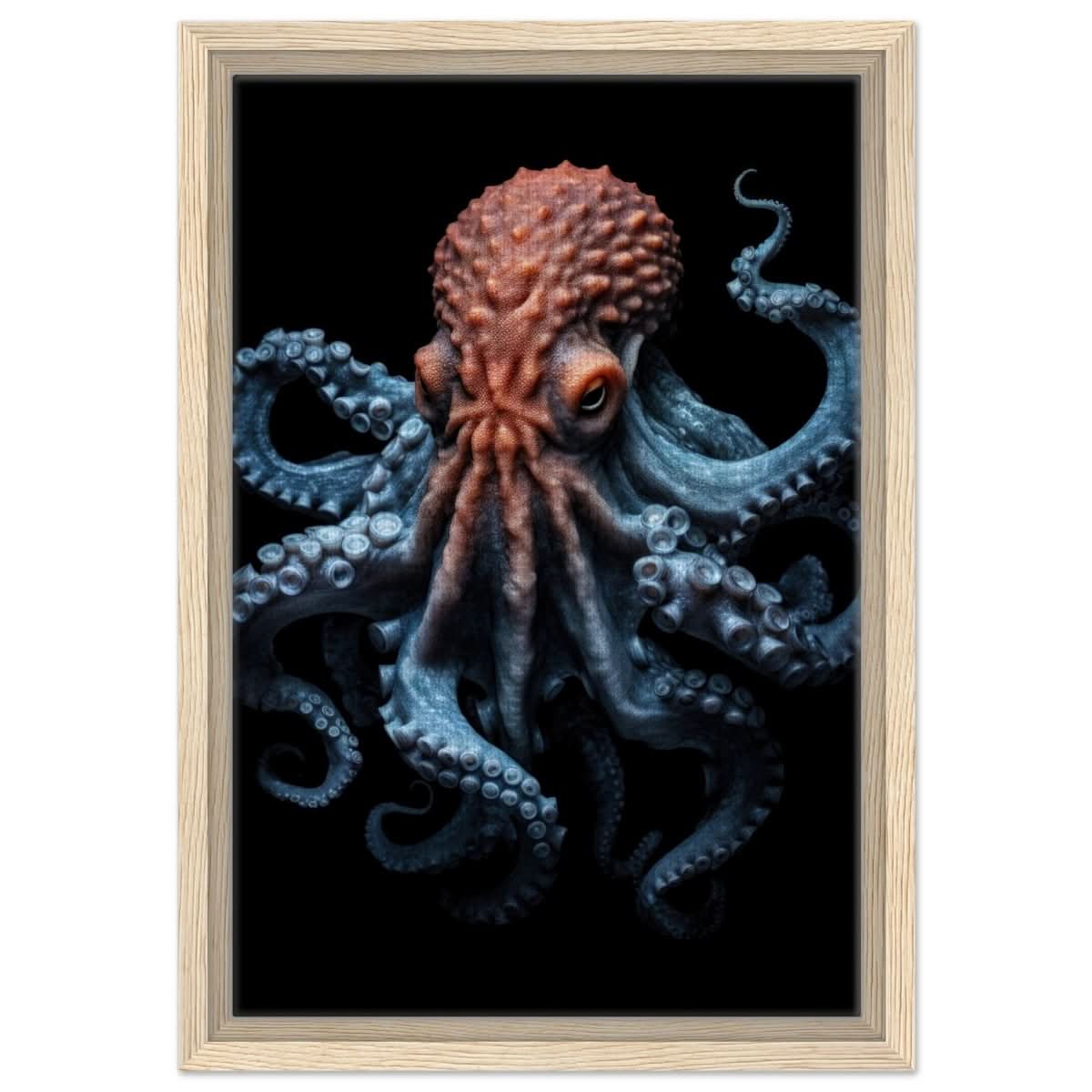 Mystic Tides: The Octopus of Blue and Crimson | wall art print | Animal Kingdom collection - Framed Canvas - 30x45 cm / 12x18″ - Wood frame