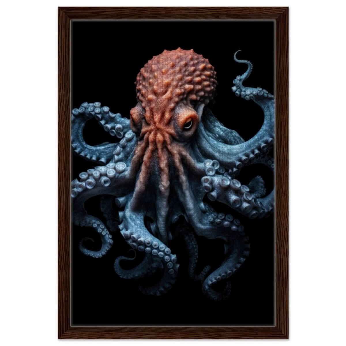 Mystic Tides: The Octopus of Blue and Crimson | wall art print | Animal Kingdom collection - Framed Canvas - 40x60 cm / 16x24″ - Dark wood frame