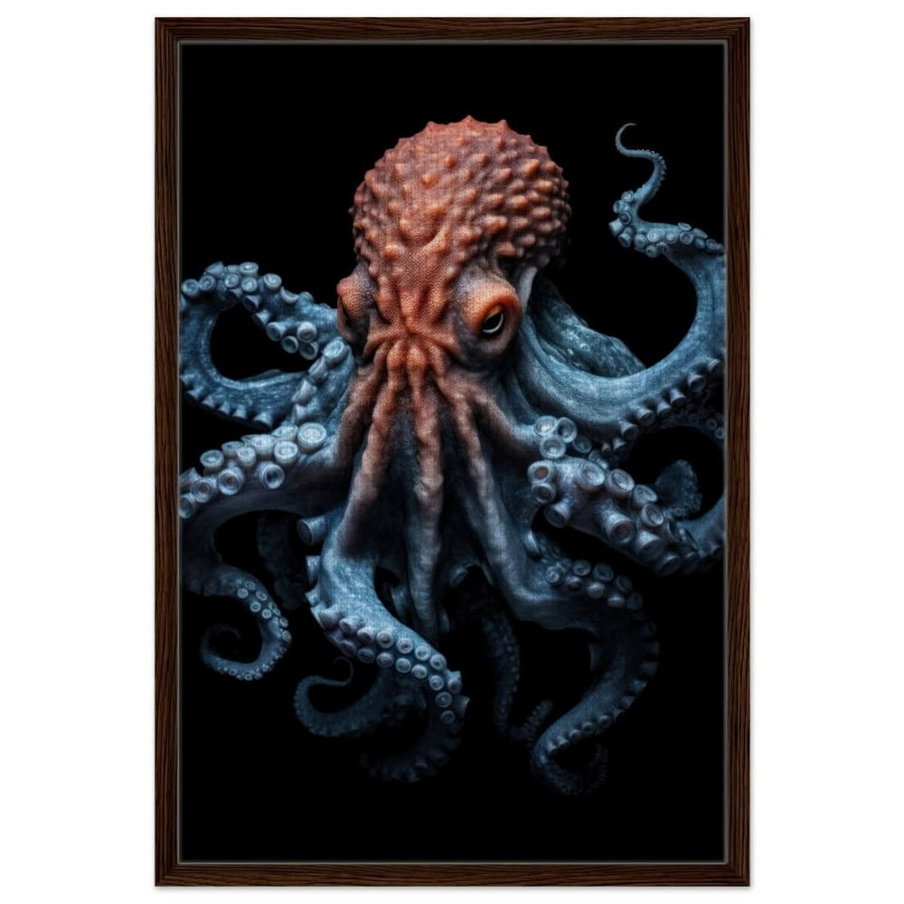 Mystic Tides: The Octopus of Blue and Crimson | wall art print | Animal Kingdom collection - Framed Canvas - 60x90 cm / 24x36″ - Dark wood frame