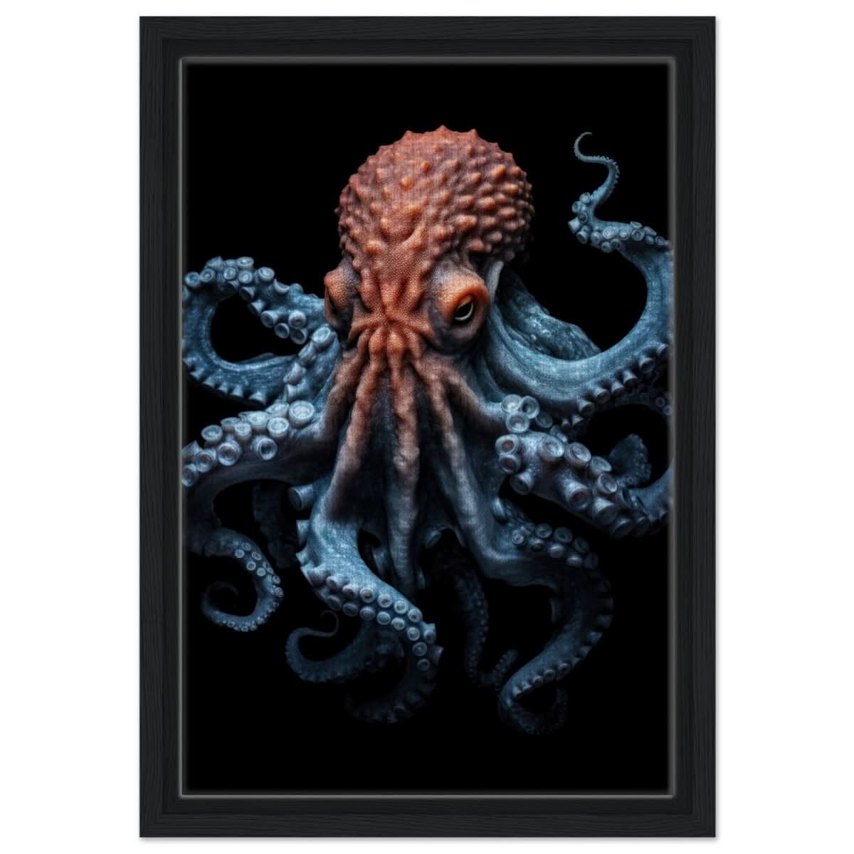 Mystic Tides: The Octopus of Blue and Crimson | wall art print | Animal Kingdom collection - Framed Canvas - 30x45 cm / 12x18″ - Black frame