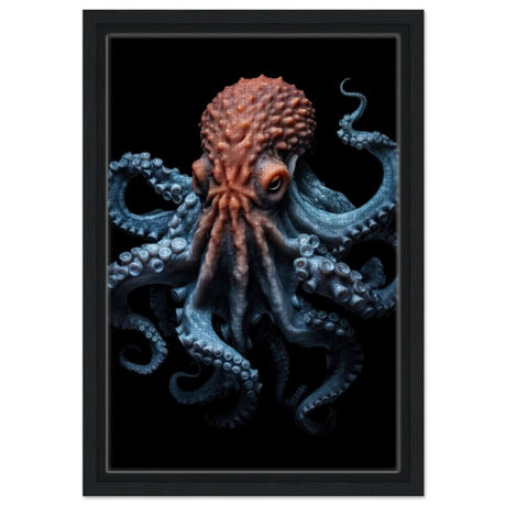 Mystic Tides: The Octopus of Blue and Crimson | wall art print | Animal Kingdom collection - Framed Canvas - 30x45 cm / 12x18″ - Black frame