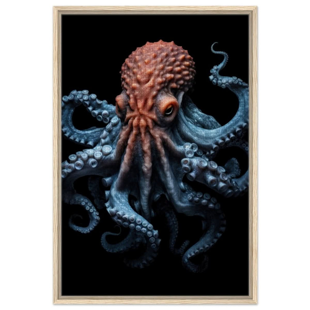 Mystic Tides: The Octopus of Blue and Crimson | wall art print | Animal Kingdom collection - Framed Canvas - 60x90 cm / 24x36″ - Wood frame