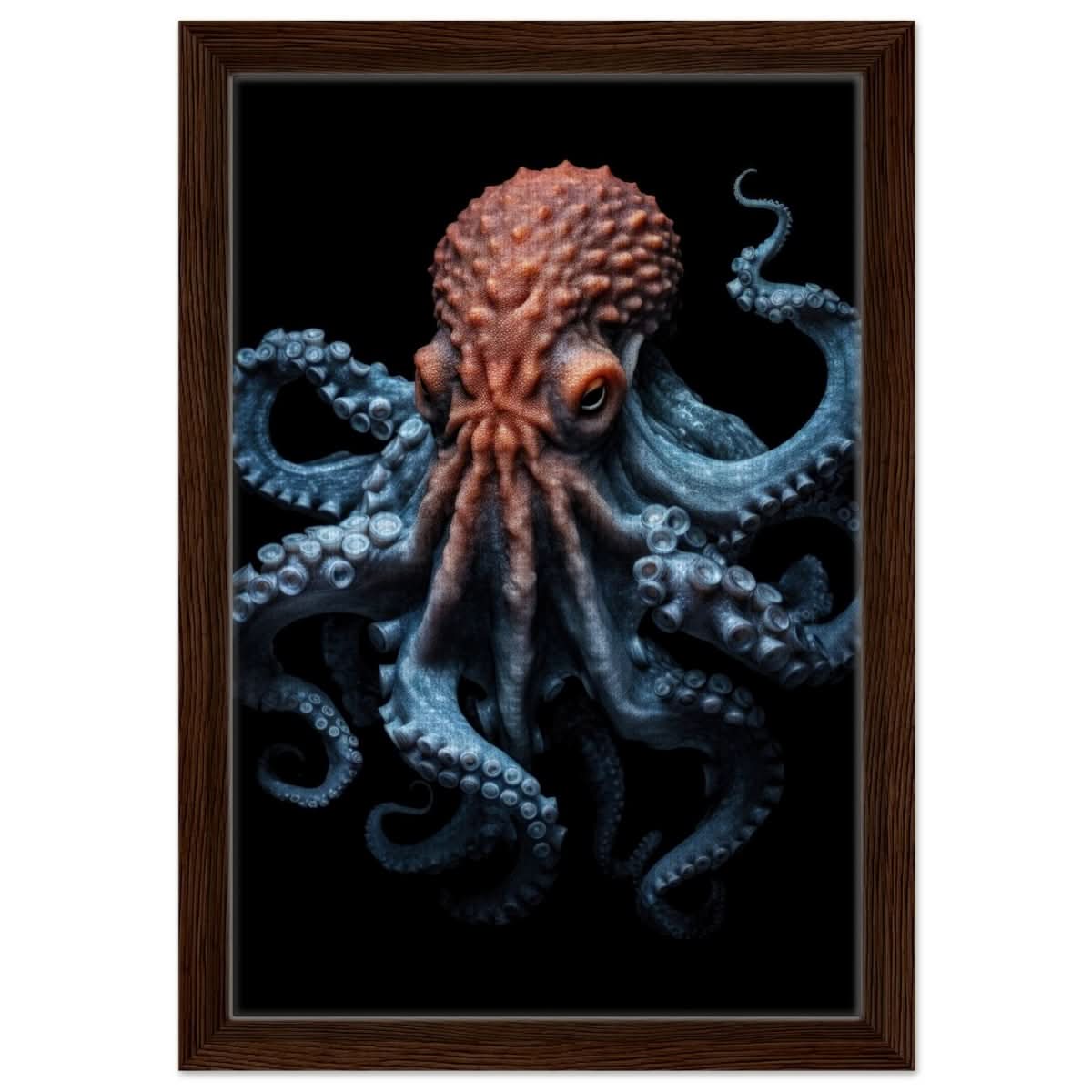 Mystic Tides: The Octopus of Blue and Crimson | wall art print | Animal Kingdom collection - Framed Canvas - 30x45 cm / 12x18″ - Dark wood frame