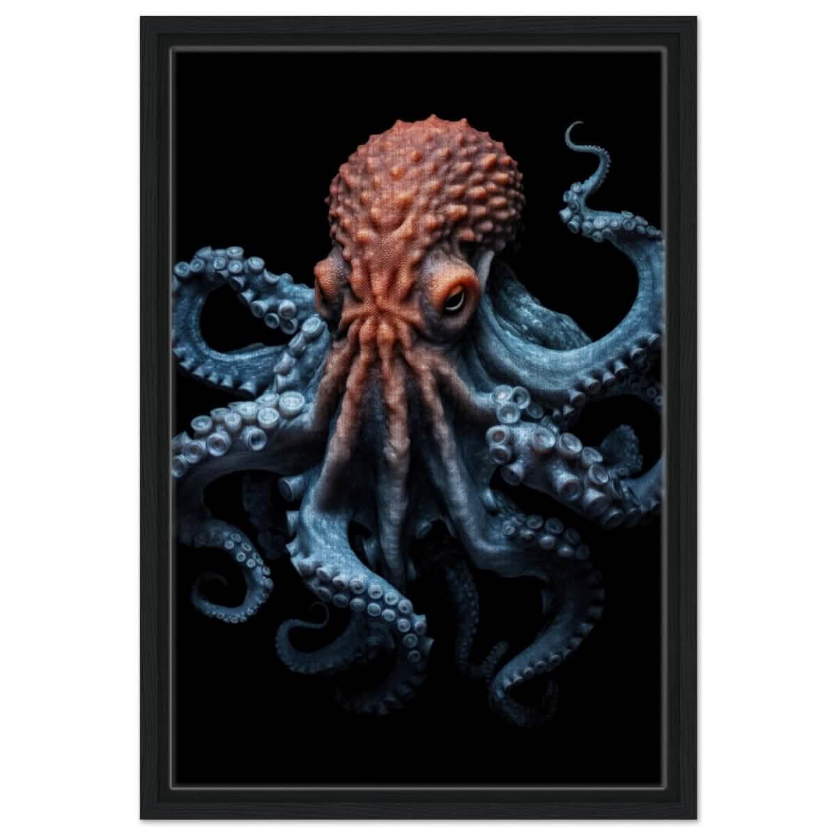 Mystic Tides: The Octopus of Blue and Crimson | wall art print | Animal Kingdom collection - Framed Canvas - 40x60 cm / 16x24″ - Black frame