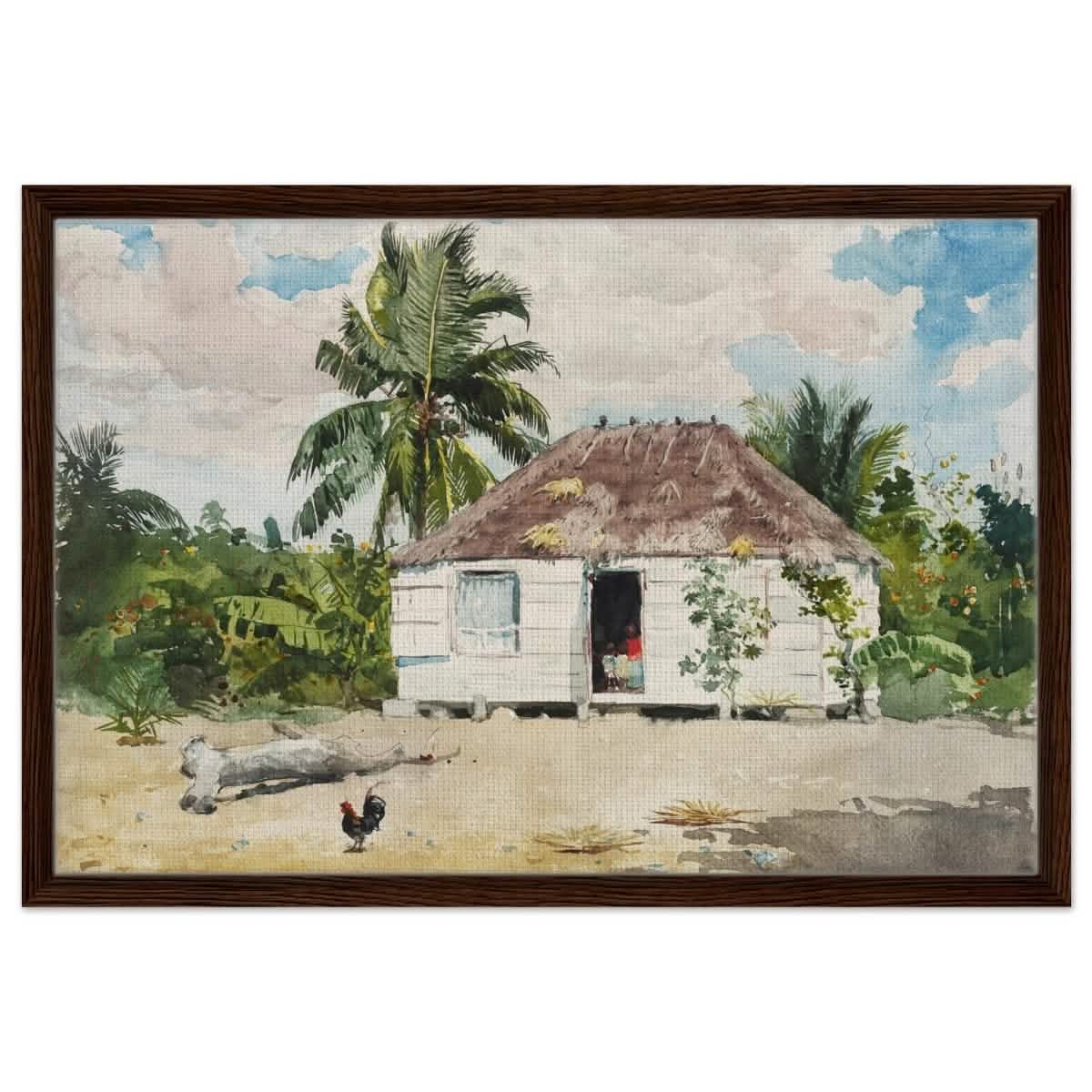 Native Hut at Nassau by Winslow Homer | Wall art Print - 50x75 cm / 20x30″ - Framed Canvas - Dark wood frame