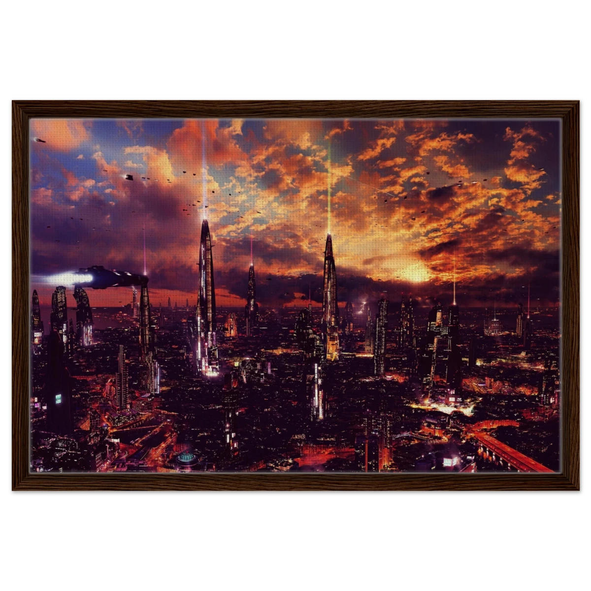 Neon Horizon | Futuristic Cityscape Wall art print - 50x75 cm / 20x30″ - Framed Canvas - Dark wood frame