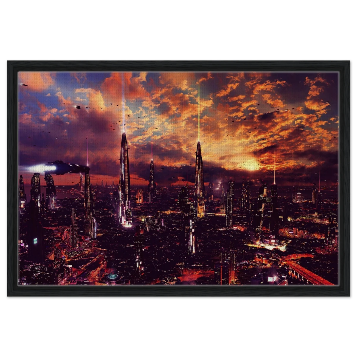 Neon Horizon | Futuristic Cityscape Wall art print - 50x75 cm / 20x30″ - Framed Canvas - Black frame