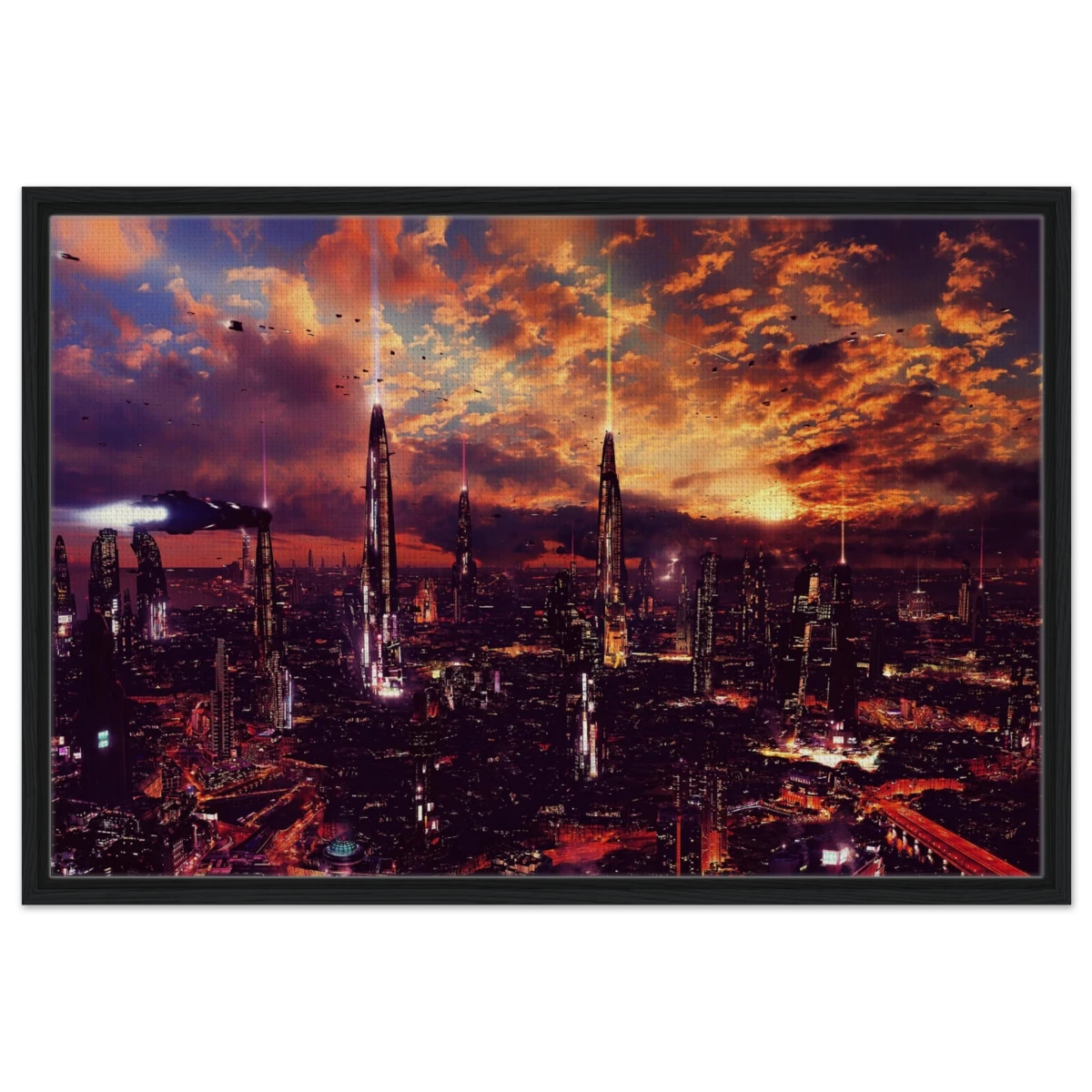 Neon Horizon | Futuristic Cityscape Wall art print - 60x90 cm / 24x36″ - Framed Canvas - Black frame